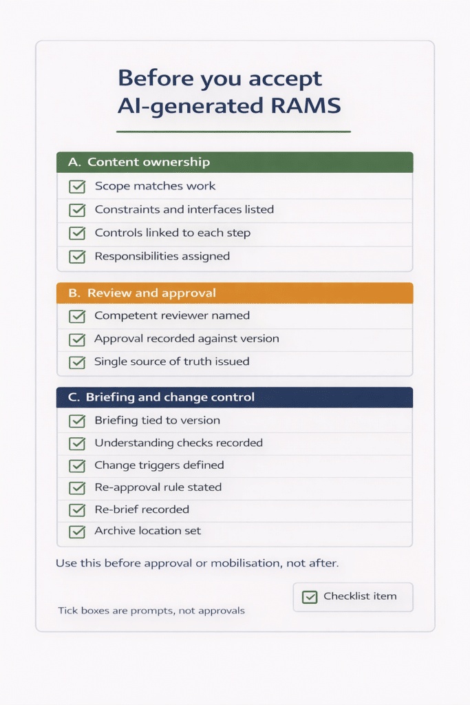 Nhs Rams Checklist Who is responsible for AI-generated RAMS on site?