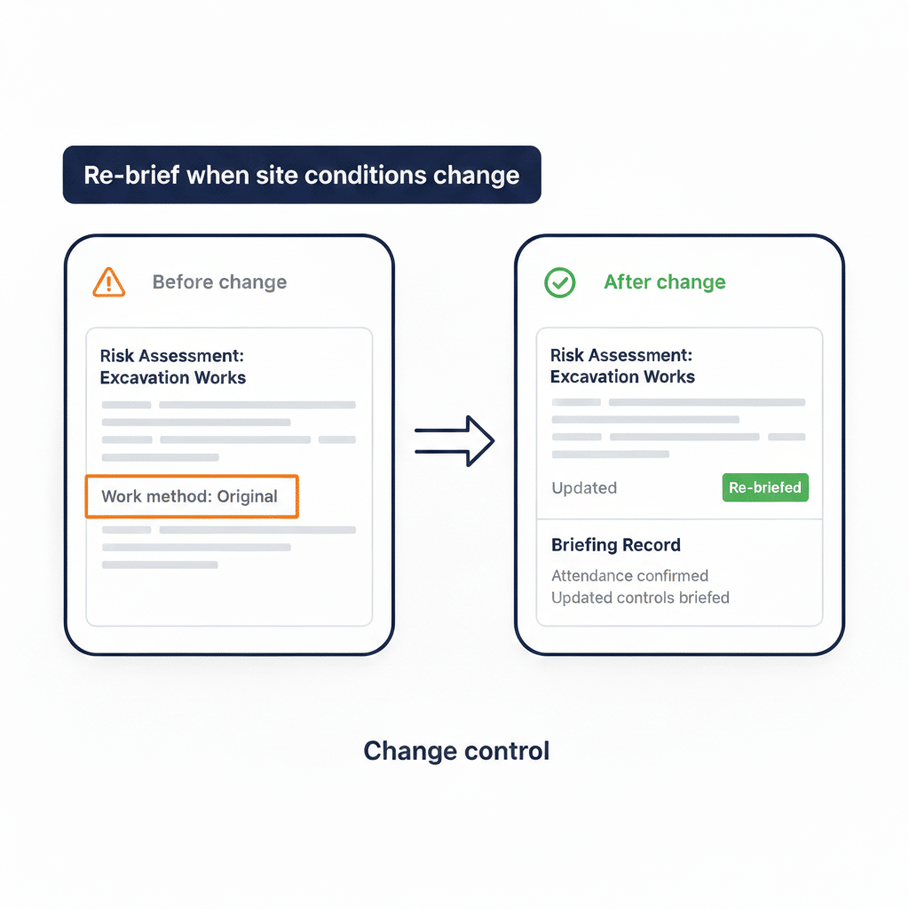 Side-by-side mockups labelled before change and after change, showing updated work method and a re-briefed badge.