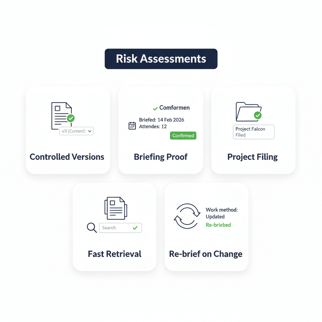 Grid of five tiles labelled controlled versions, briefing proof, project filing, fast retrieval, and re-brief on change.