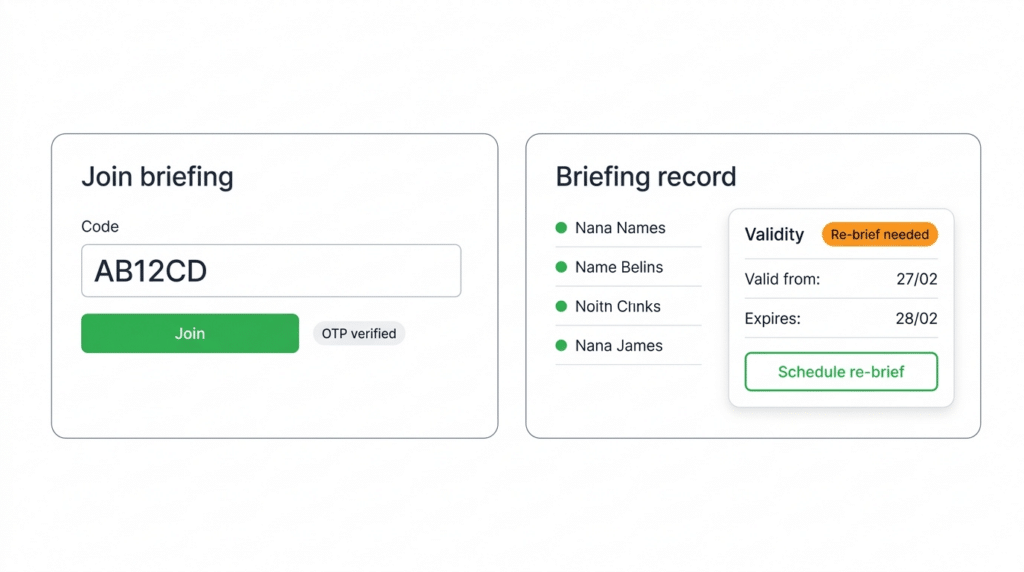 UI mockup showing a join code and join button alongside a COSHH record updating with participants and validity dates