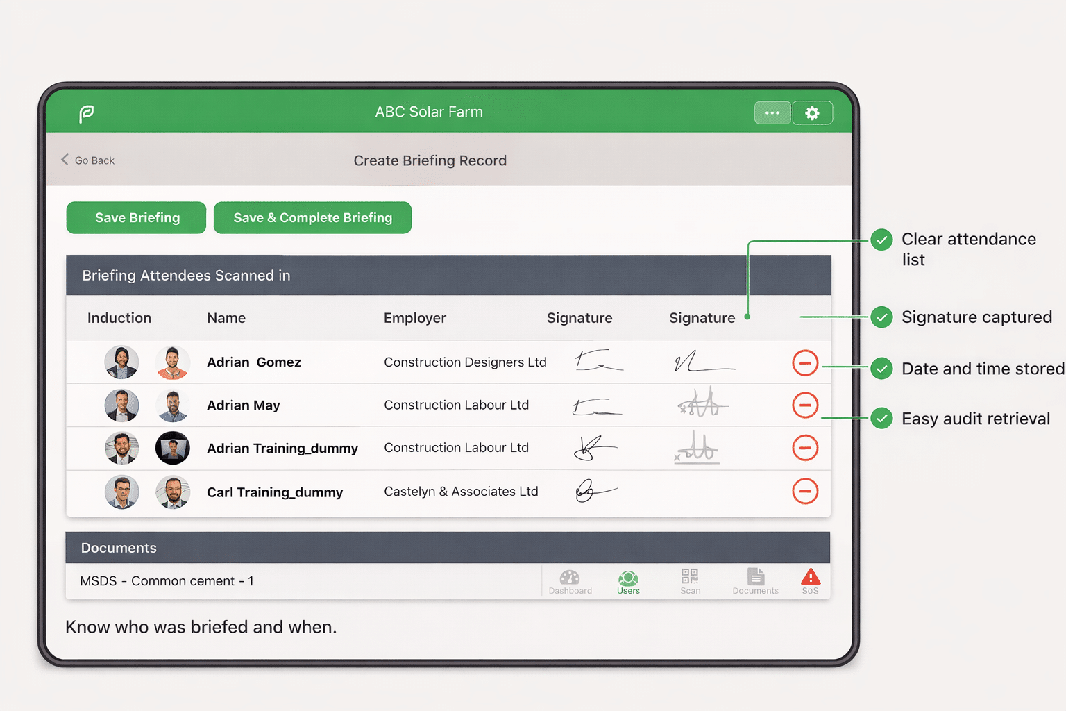App-style COSHH briefing sign-on screen with attendance counts and supervisor approval section, highlighted with callout pointers.