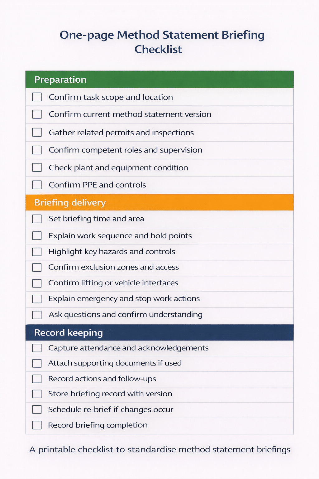 A4 portrait checklist grouped into Preparation, Briefing delivery, and Record keeping, with tick boxes and a final line to record completion.
