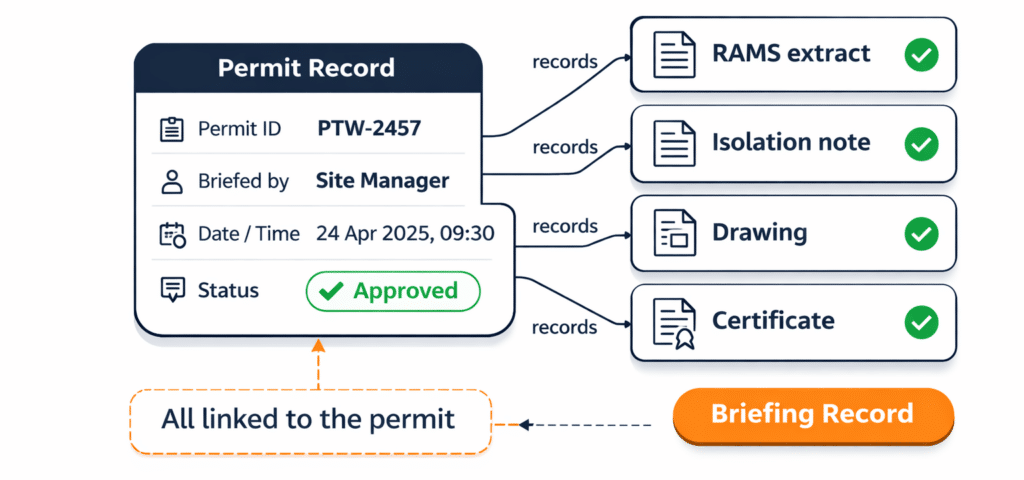 Graphic showing a permit record with connected supporting files and confirmation notes.