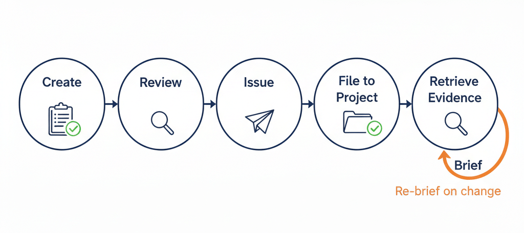 Diagram of a construction risk assessment workflow with briefing confirmation and evidence retrieval steps highlighted.