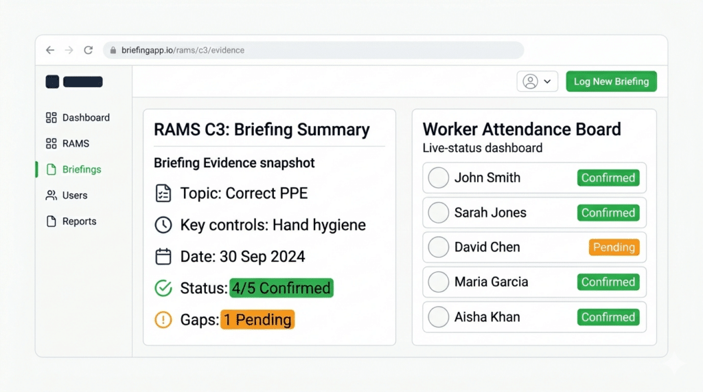 Mockup showing attendance list with confirmed and pending statuses