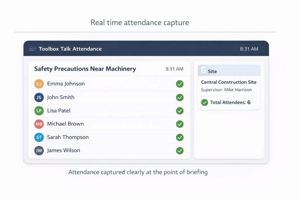 Mockup showing filters for site, date, topic, and a list of briefing records.