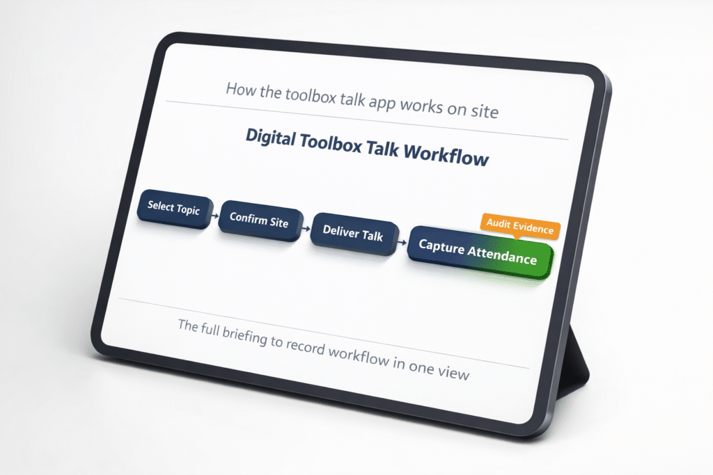Diagram-style flow showing topic selection, briefing start, attendance capture, and record saved.