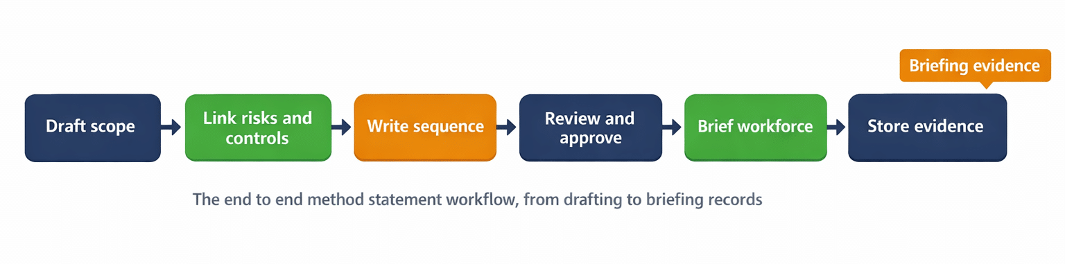 Left to right flowchart showing Draft scope, Link risks and controls, Write sequence, Review and approve, Brief workforce, Monitor and update, Store evidence, with the final node highlighted by an orange callout reading “Briefing evidence”.