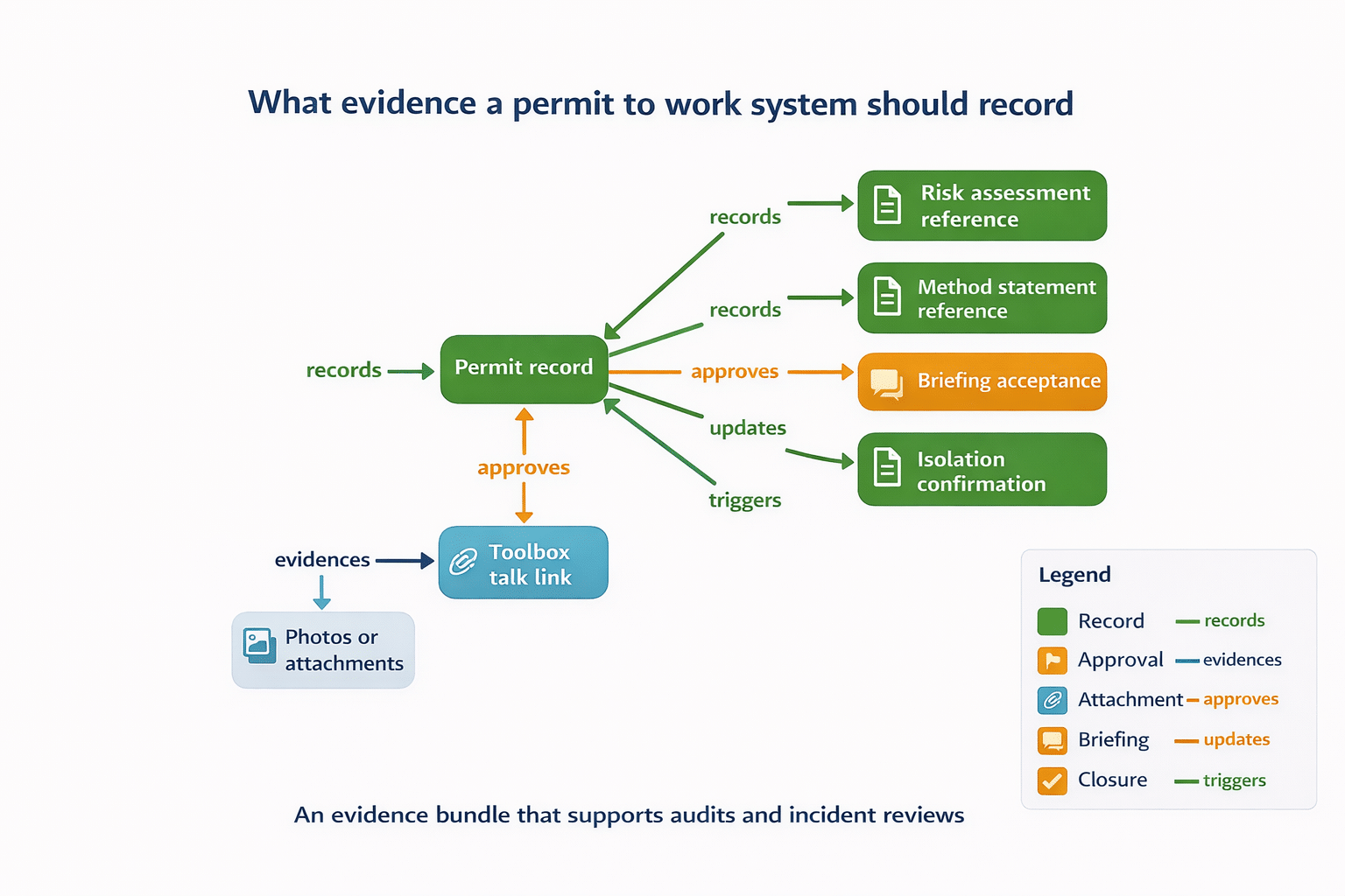 Evidence map showing nodes for Permit record, Risk assessment reference, Method statement reference, Briefing acceptance, Isolation confirmation, Photos or attachments, Close-out and handback, plus an optional Toolbox talk link, with labelled verb connectors and a legend.